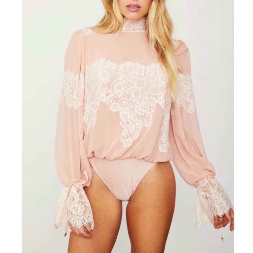 Hot As Hell HAH Queen 4 A Day Chiffon Bodysuit Mock Neck Bishop Sleeve NWT Pink